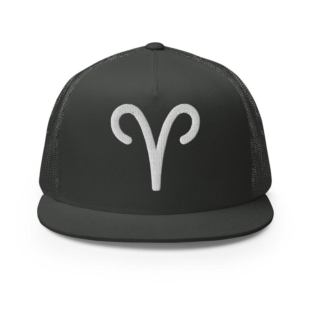 Aries Zodiac Embroidered Flat Bill Trucker Hat - Charcoal Color - https://ascensionemporium.net